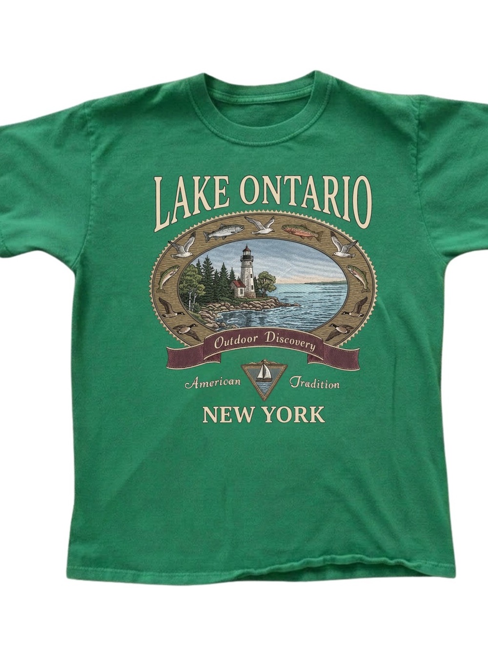 Gildan Lake Ontario Green Graphic Tee with Multicolor Scenic Print